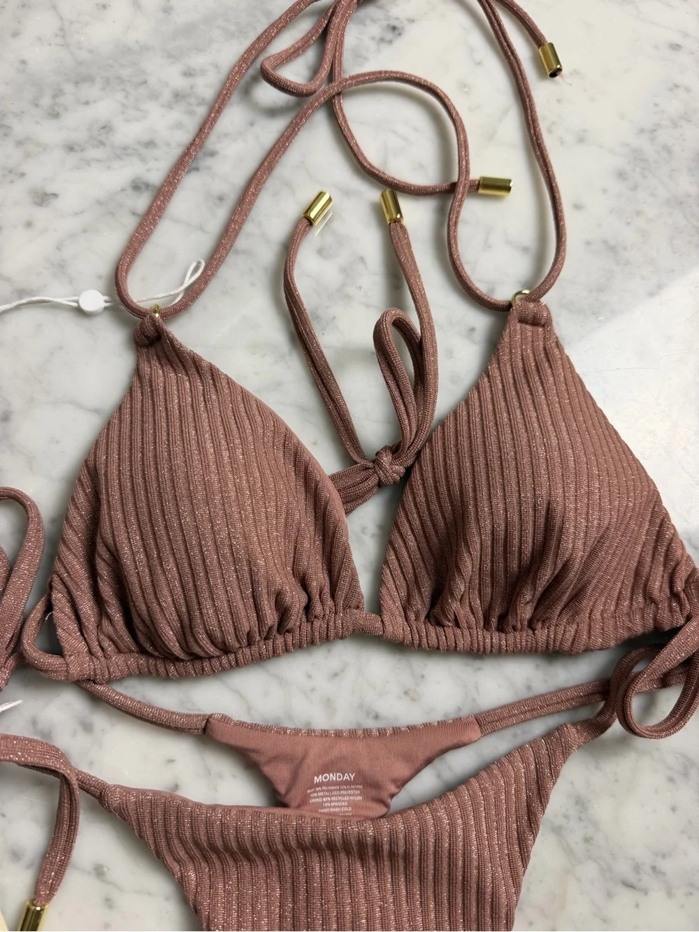Monday Swimwear Ribbed Mauve Tie Triangle Bikini Set